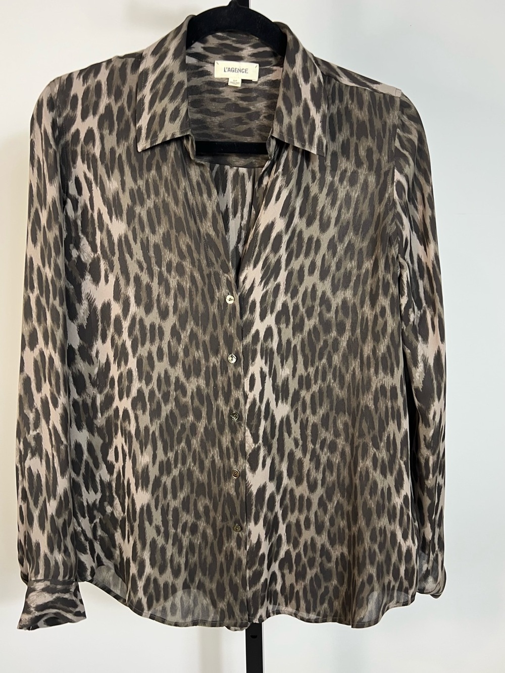 L"AGENCE Silk Animal Print Semi Sheer Button-Up Long Sleeve Brown Black Blouse S